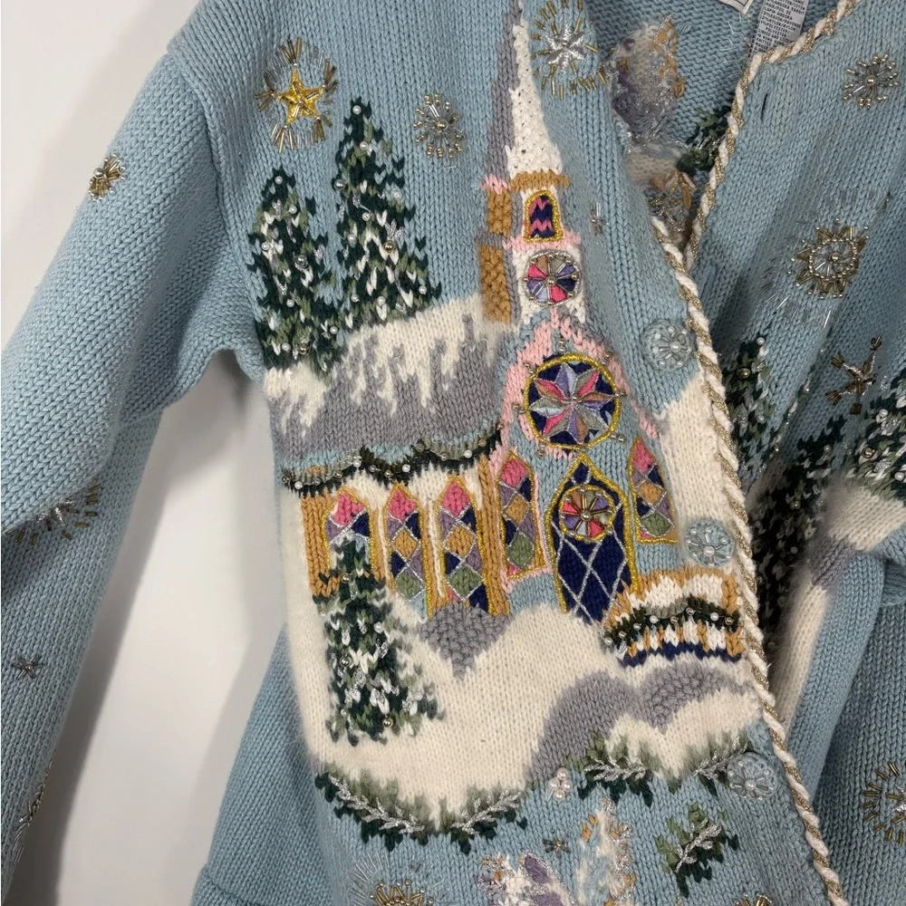 Vintage BellePointe Blue Winter Scape Embroidered Beaded Women's Cardigan Medium